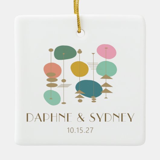 レトロミッドセンチュリーモダンカスタムウェディングフォト セラミックオーナメント (正面)