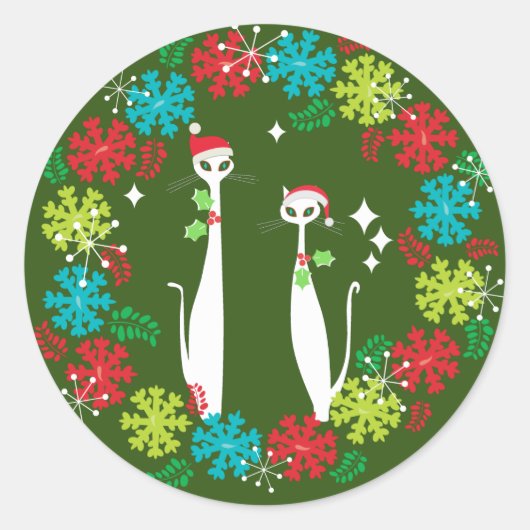 レトロミッドセンチュリーモダンキャックールトクリスマスリース ラウンドシール (正面)