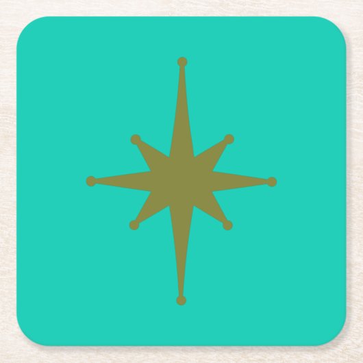 レトロミッドセンチュリーモダンスターバストヴィンテージティール(緑がかった色) スクエアペーパーコースター (正面)