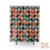 レトロミッドセンチュリーモダンティール(緑がかった色)オレンジ抽象芸術 シャワーカーテン