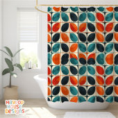 レトロミッドセンチュリーモダンティール(緑がかった色)オレンジ抽象芸術 シャワーカーテン