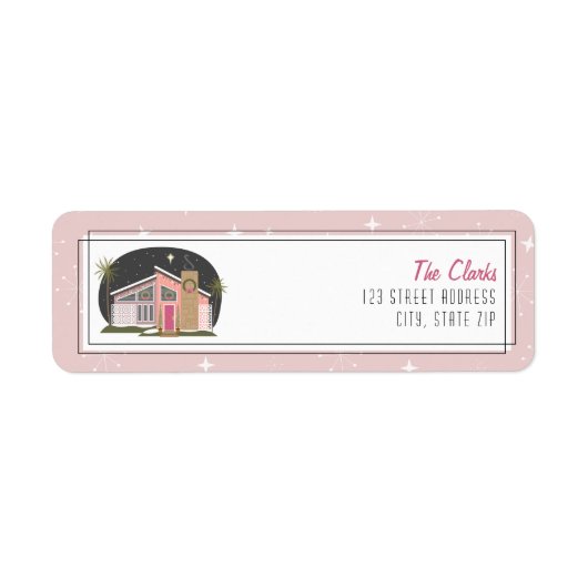 レトロミッドセンチュリーモダンピンククリスマスハウス ラベル (正面)