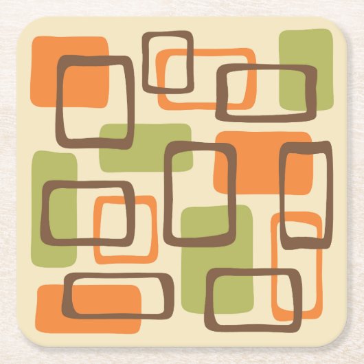レトロミッドセンチュリーモダン抽象芸術パターン スクエアペーパーコースター (正面)