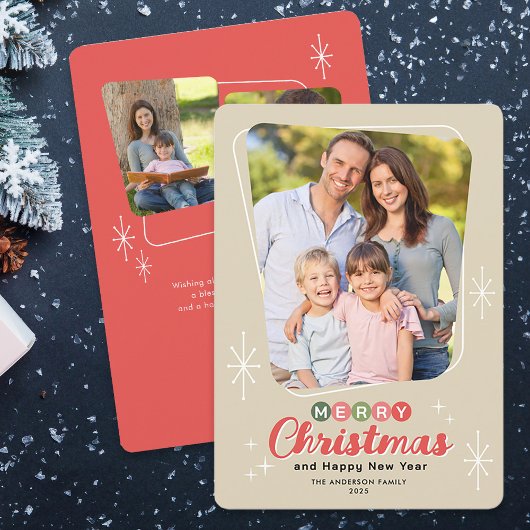 レトロミッドセンチュリーモダン3枚の写真クリスマス シーズンカード