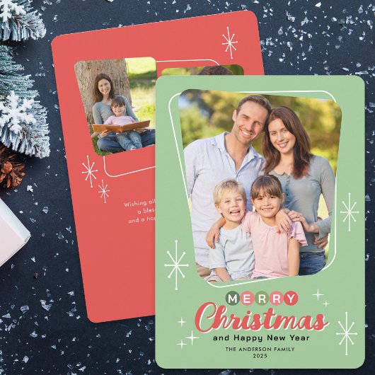 レトロミッドセンチュリーモダン3枚の写真クリスマス シーズンカード
