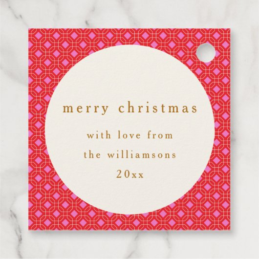 レトロミッドセンチュリーレッドピンクかわいいカスタムクリスマス フェイバータグ (裏面)