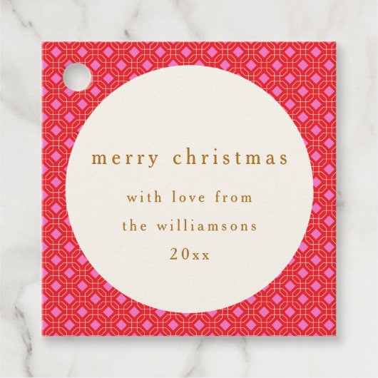 レトロミッドセンチュリーレッドピンクかわいいカスタムクリスマス フェイバータグ (正面)