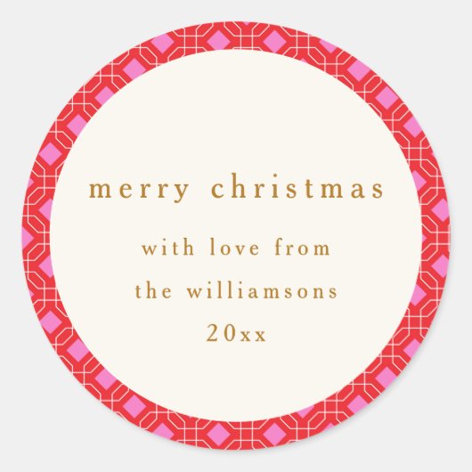 レトロミッドセンチュリーレッドピンクかわいいカスタムクリスマス ラウンドシール (正面)