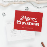 レトロミッドセンチュリーレッドメリークリスマス シーズンポストカード<br><div class="desc">メリークリスマスハガキ：クラシックレトロデザイン、ミッドセンチュリーモダンタイポグラフィとクラシック赤の背景。</div>