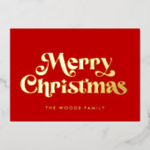 レトロミッドセンチュリーレッドメリークリスマス 箔シーズンカード (正面)