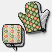 レトロミッドセンチュリーレッド&オリーブグリーンクリスマス 鍋つかみ&鍋敷きセット (正面/裏面)