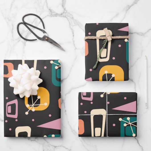 レトロミッドセンチュリー原子モダン宇宙エイジブラック ラッピングペーパーシート (正面)
