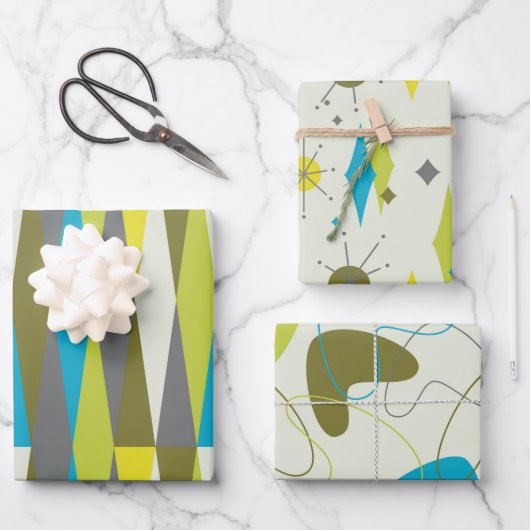 レトロミッドセンチュリー原子モダン宇宙エイジブルーグリーン ラッピングペーパーシート (正面)