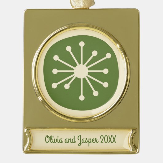 レトロミッドセンチュリー原子力時代かわいいミニマリスト ゴールドプレートバナーオーナメント (正面)