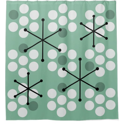 レトロミッドセンチュリーMCMドットセージグリーン シャワーカーテン (正面)