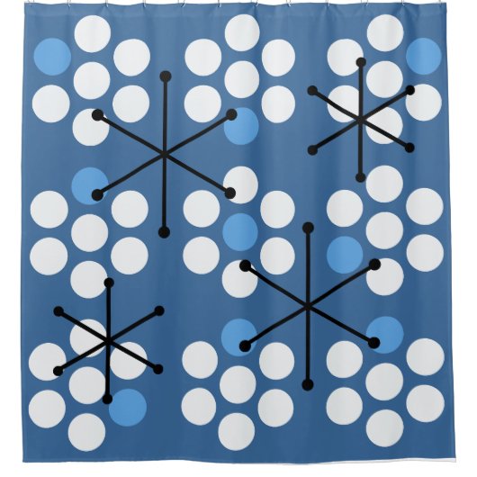 レトロミッドセンチュリーMCMドットブルー シャワーカーテン (正面)