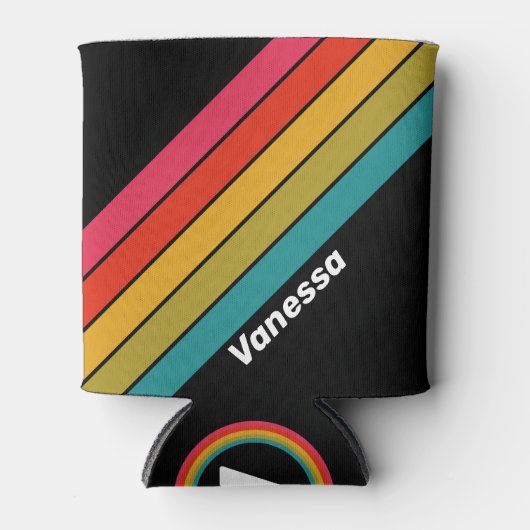 レトロミッドナイトストライプのレインボー（名前） 缶クーラー (正面)
