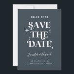 レトロミッドナイトブルー日付カードを保存 セーブザデート<br><div class="desc">レトロは、中世紀の星と「日付を保存する」と言う詰まったフォントを搭載した日付カードをモダン保存のまわりにする。背景色はミッドナイトブルー。背面に写真を追加できる。</div>