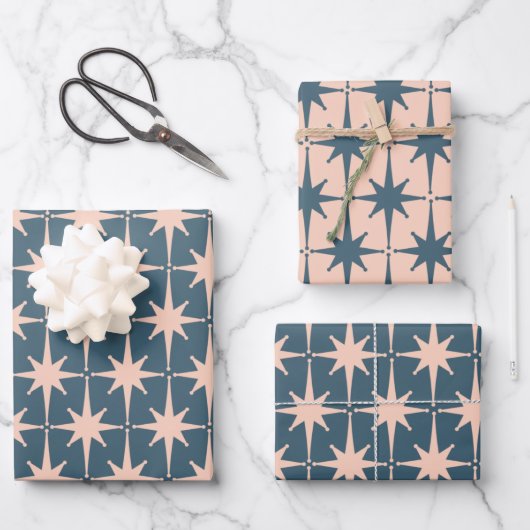 レトロミッドモダンセンチュリー50sスターバスト赤面ティール(緑がかった色) ラッピングペーパーシート (正面)