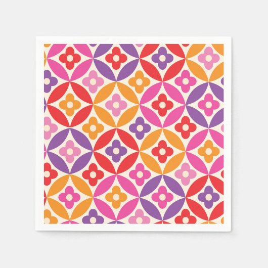 レトロミッド・センチュリー・サークルのカラフルな花 スタンダードカクテルナプキン (正面)