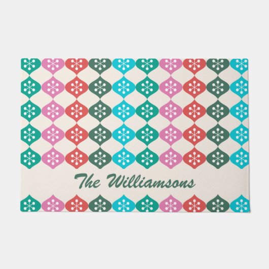 レトロミッモダンドアトミックホリデーパタパーソナライズされたーン  ドアマット (正面)