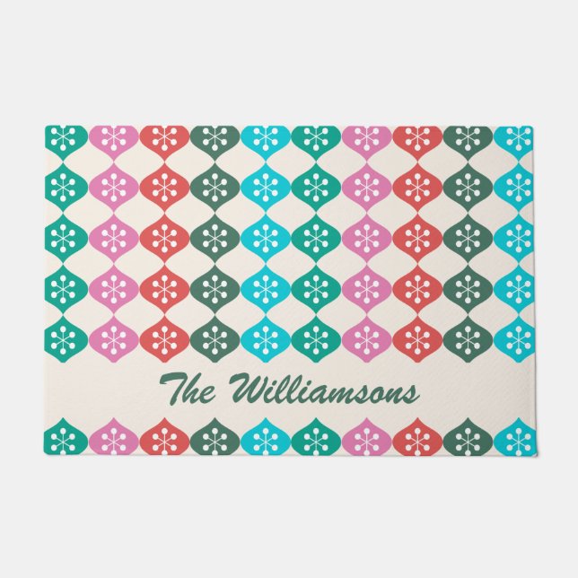 レトロミッモダンドアトミックホリデーパタパーソナライズされたーン  ドアマット (正面)