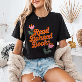レトロミニマリストの花柄と本の虫の「検閲された本を読むべし」デザイン Tシャツ