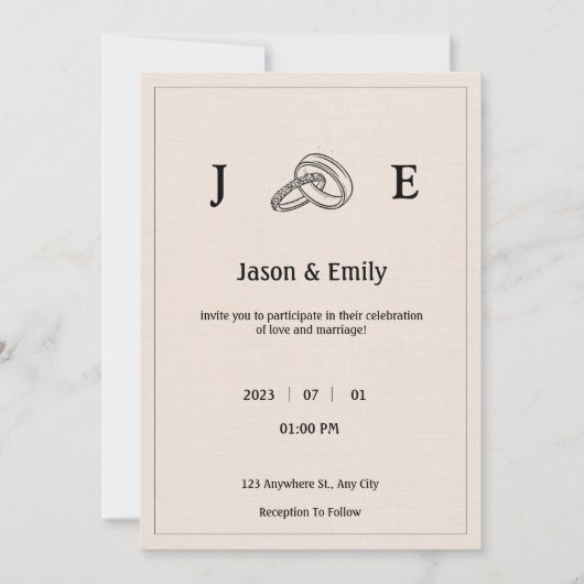 レトロミニマルアイボリーリングや輪結婚の 招待状 (正面)