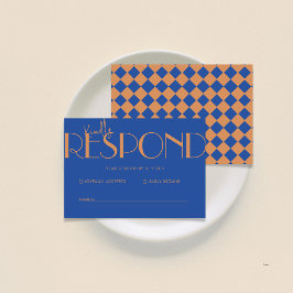 レトロミニマル市松模様にパタ結婚ン青 出欠カード