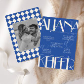 レトロミニマル市松模様にパタ結婚ン青 招待状