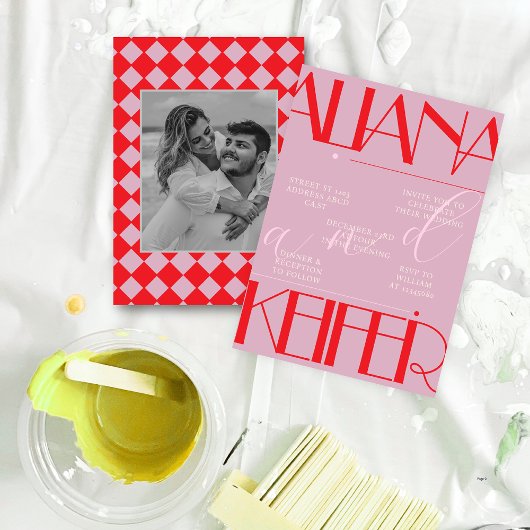 レトロミニマル市松模様にパタ結婚ーン 招待状