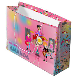 レトロミュージックガールズバンド誕生日パーティー ラージペーパーバッグ