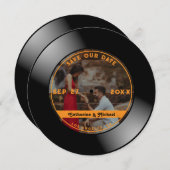 レトロミュージックビニール結婚レコード写真のラウンド セーブザデート (正面/裏面)