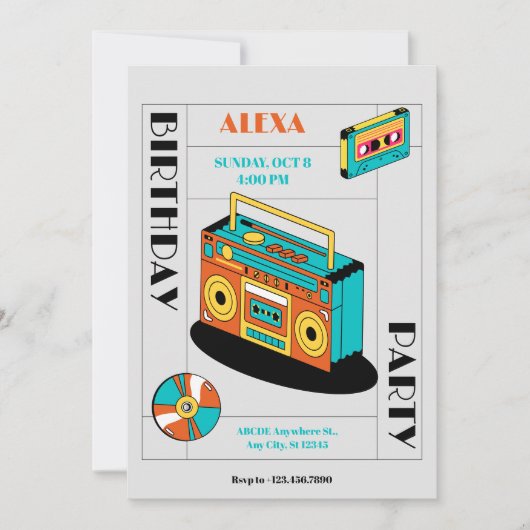 レトロミュージックプレーヤーの誕生日 招待状 (正面)