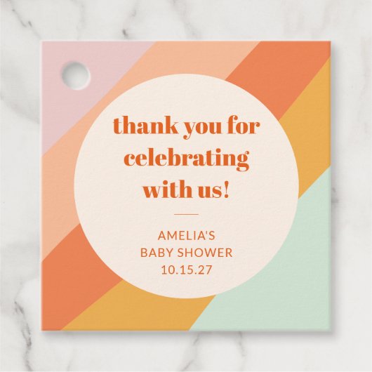 レトロミントオレンジストライプカスタムベビーシャワ感謝していー フェイバータグ (正面)