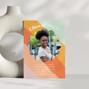 レトロミントオレンジストライプ色の写真卒業パーティー 招待状