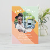 レトロミントオレンジストライプ色の写真卒業パーティー 招待状 (スタンド正面)