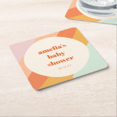 レトロミントオレンジボホストライプカスタムベビーシャワー スクエアペーパーコースター (アングル)