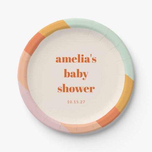 レトロミントオレンジボホストライプカスタムベビーシャワー ペーパープレート (正面)