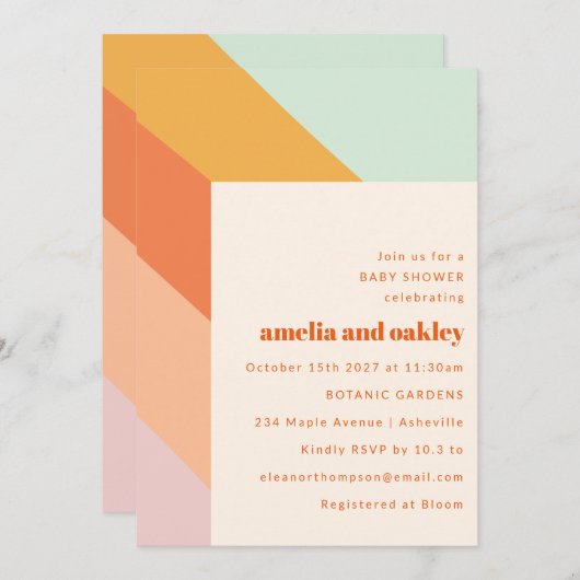 レトロミントオレンジボーストライプホカップル赤ちゃんシャワー 招待状 (正面/裏面)