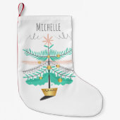 レトロミントピンク金ゴールドクリスマスツリーモノグラム スモールクリスマスストッキング (正面)