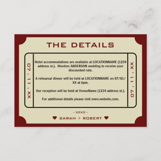 レトロムービーチケット結婚の詳細 エンクロージャーカード (正面)