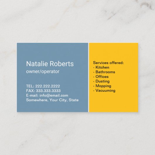 レトロメイドハウスクリーニングサービスブルー&金ゴールド 名刺 (裏面)