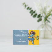 レトロメイドハウスクリーニングサービスブルー&金ゴールド 名刺 (スタンド正面)