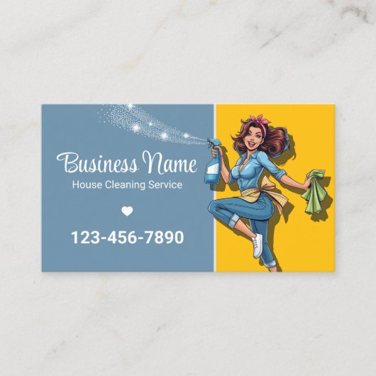 レトロメイドハウスクリーニングサービスブルー&金ゴールド 名刺 (正面)