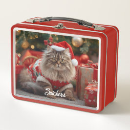 レトロメインクーン 猫 クリスマスパーソナライズド メタルランチボックス