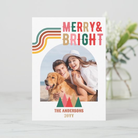 レトロメリーと明るいアーチ写真クリスマス シーズンカード (スタンド正面)