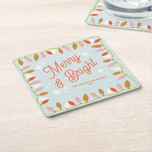 レトロメリーと明るいクリスマスライト スクエアペーパーコースター (アングル)