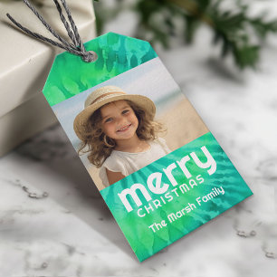 レトロメリークリスマスのネクタイ – 染料ティール(緑がかった色)写真70sビービー ギフトタグ