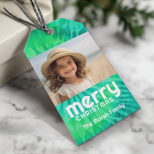 レトロメリークリスマスのネクタイ – 染料ティール（緑がかった色）写真70sビービー ギフトタグ